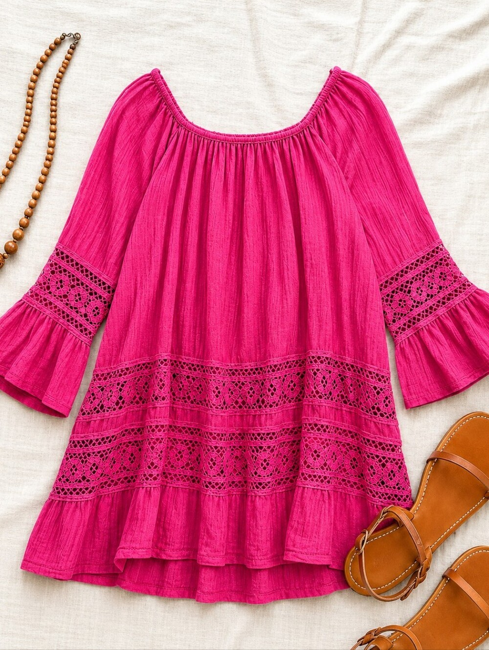 indigo soul Hot Pink Crochet-Trim Peasant Tunic